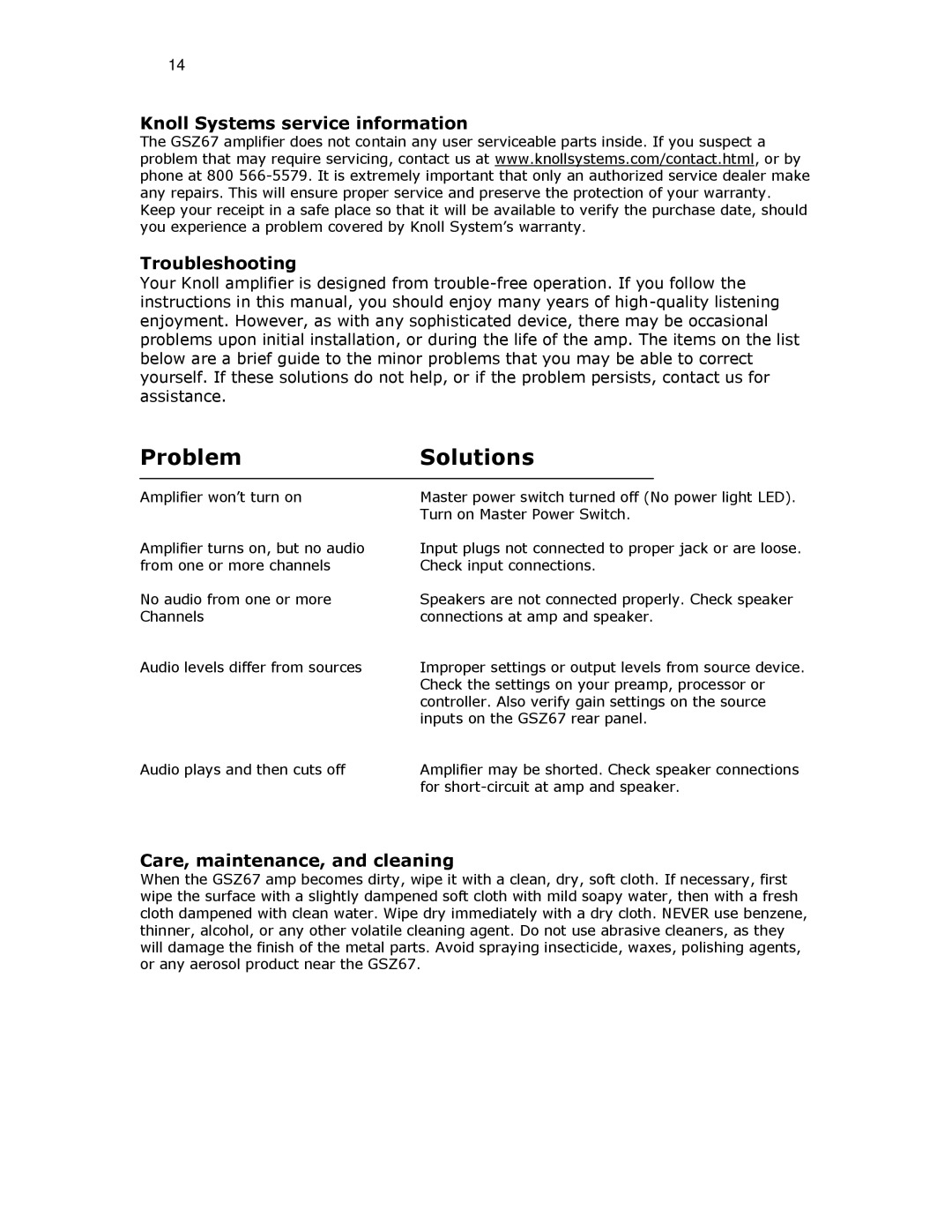 Knoll GSZ67 installation instructions Knoll Systems service information Troubleshooting, Care, maintenance, and cleaning 