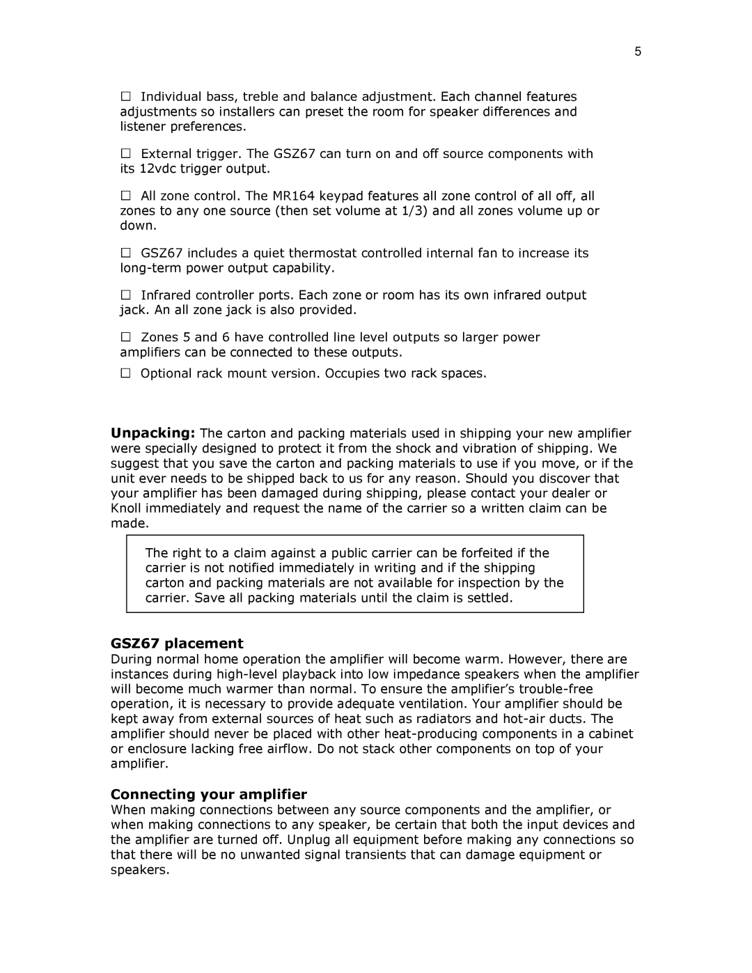 Knoll installation instructions GSZ67 placement, Connecting your amplifier 