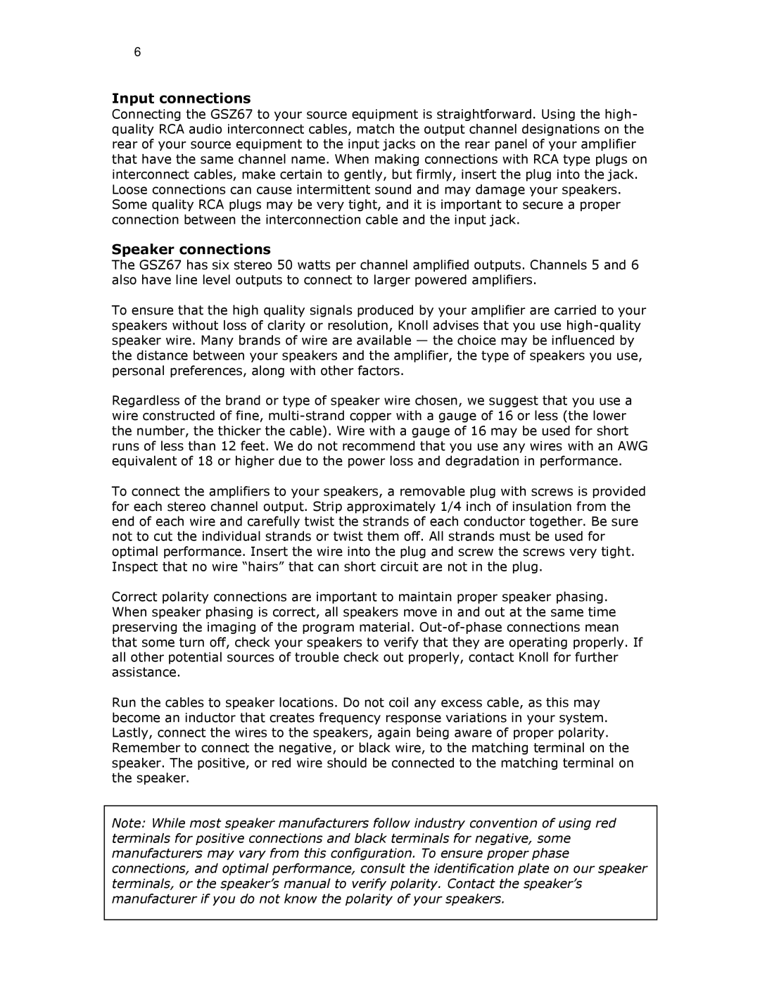 Knoll GSZ67 installation instructions Input connections, Speaker connections 