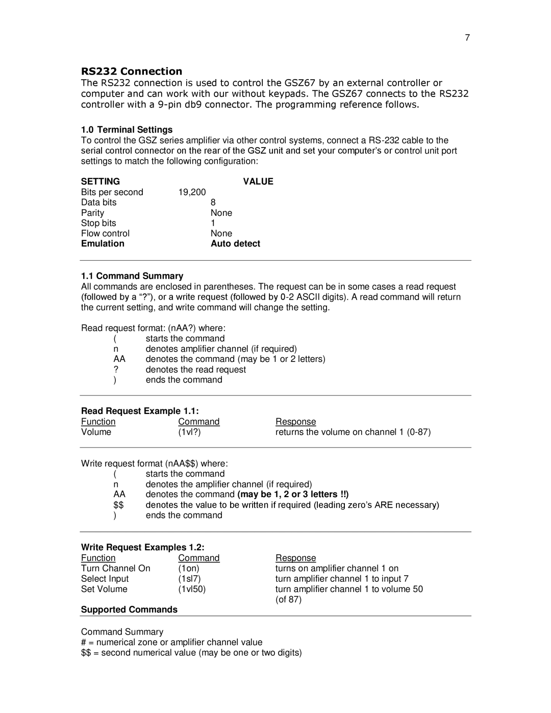 Knoll GSZ67 installation instructions RS232 Connection, Terminal Settings 