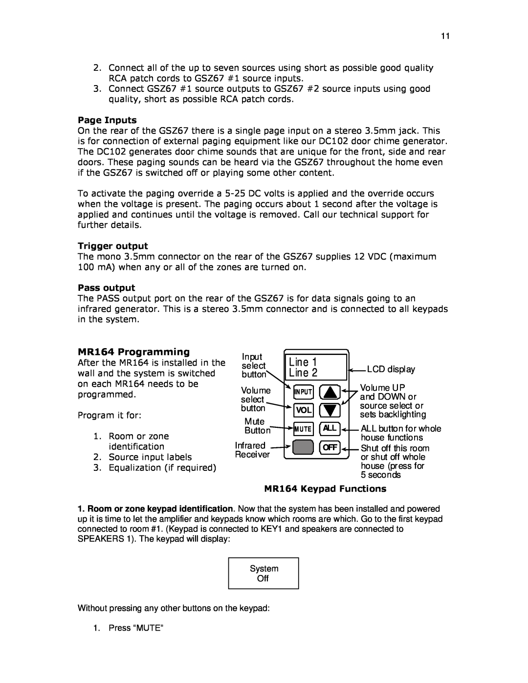 Knoll GSZ67 installation instructions MR164 Programming, Line 