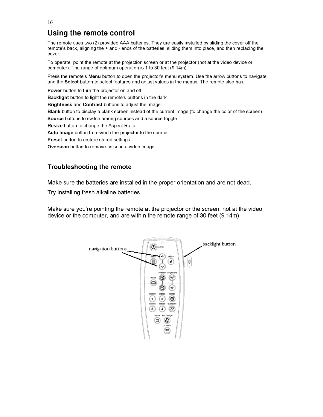 Knoll HD284 user manual Using the remote control, Troubleshooting the remote 