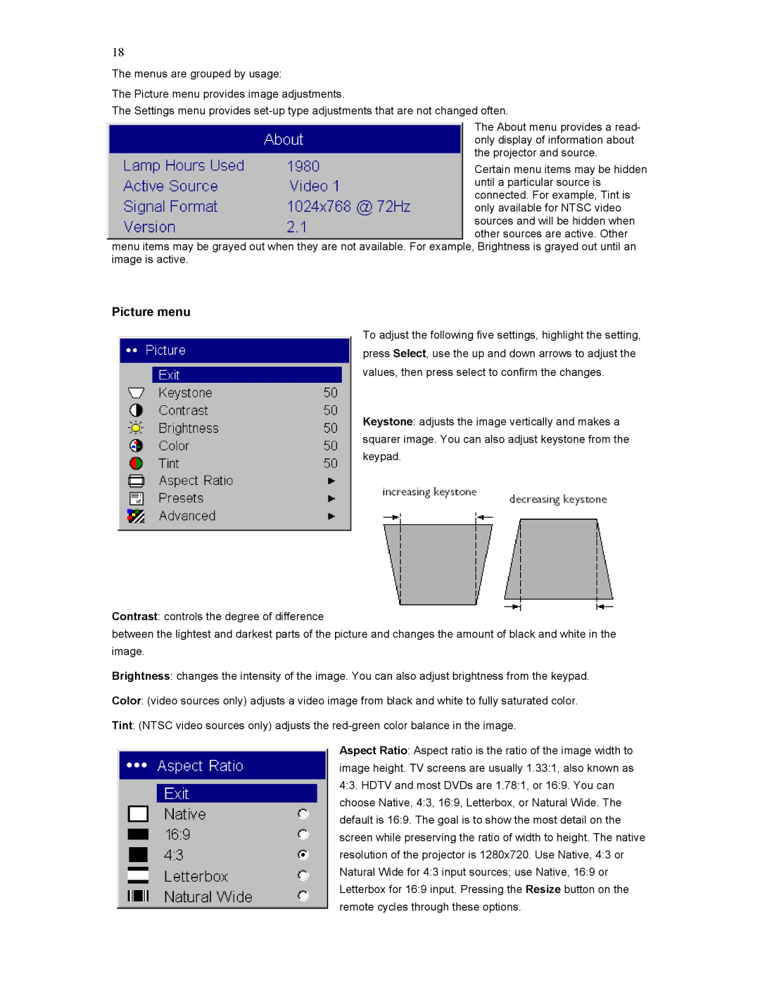 Knoll HD284 user manual Picture menu 