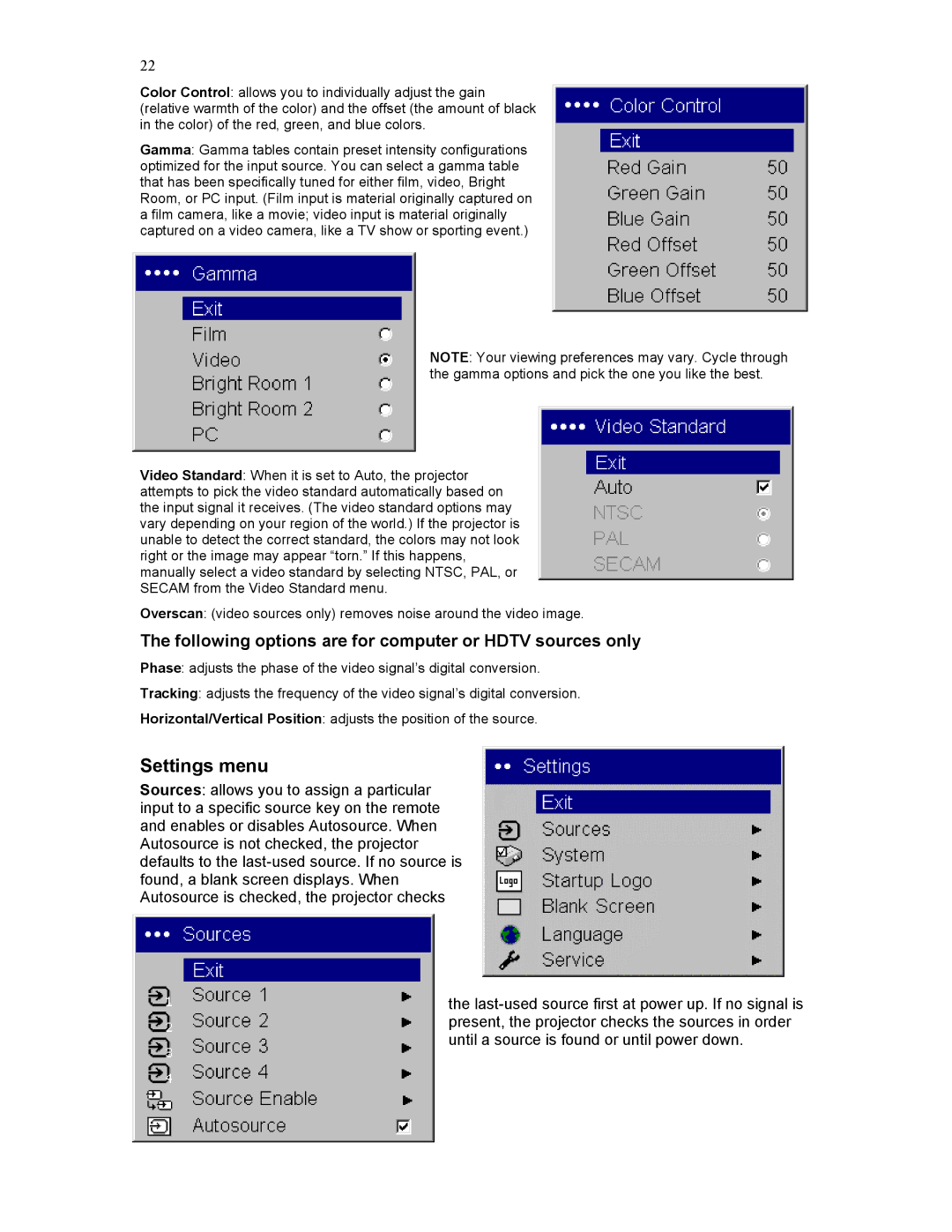 Knoll HD284 user manual Settings menu, Following options are for computer or Hdtv sources only 