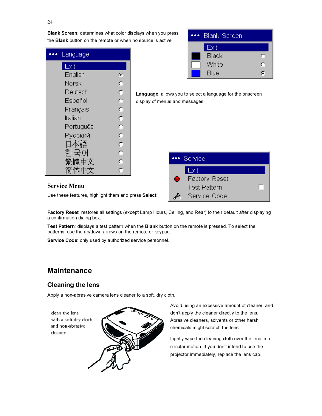 Knoll HD284 user manual Maintenance, Cleaning the lens 