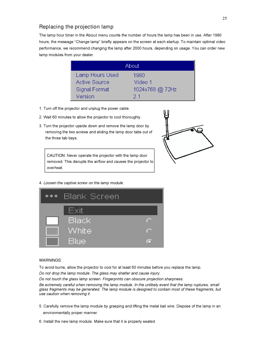 Knoll HD284 user manual Replacing the projection lamp, Loosen the captive screw on the lamp module 