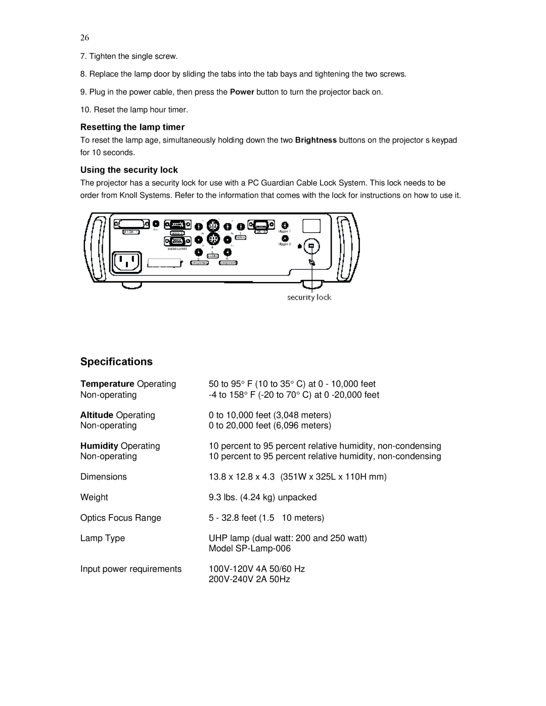 Knoll HD284 user manual Specifications, Resetting the lamp timer 