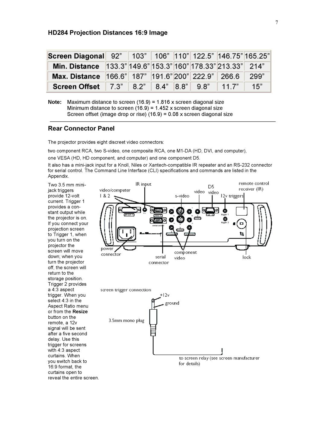 Knoll user manual HD284 Projection Distances 169 Image, Rear Connector Panel 