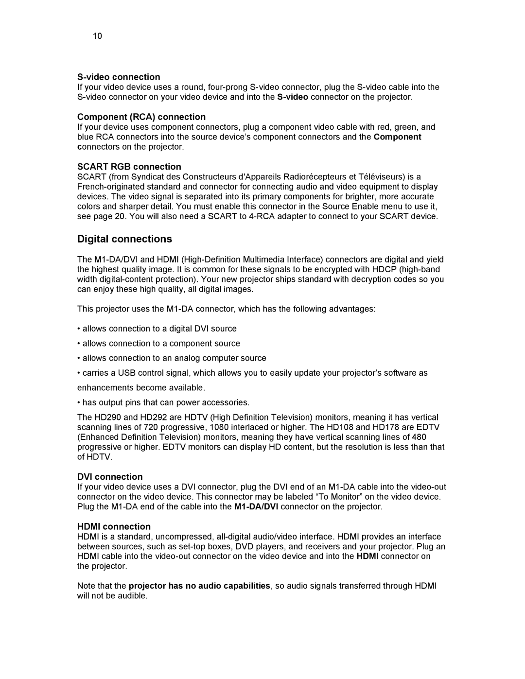 Knoll HD178, HD292, HD290 user manual Digital connections, Video connection 