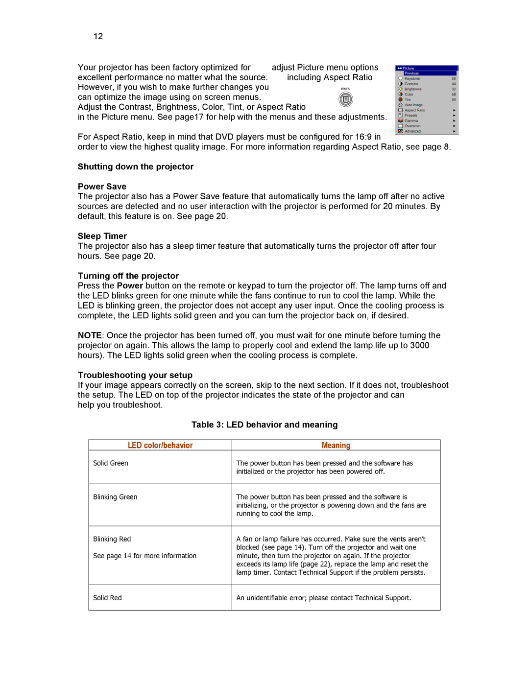 Knoll HD292 Shutting down the projector Power Save, Sleep Timer, Turning off the projector, Troubleshooting your setup 