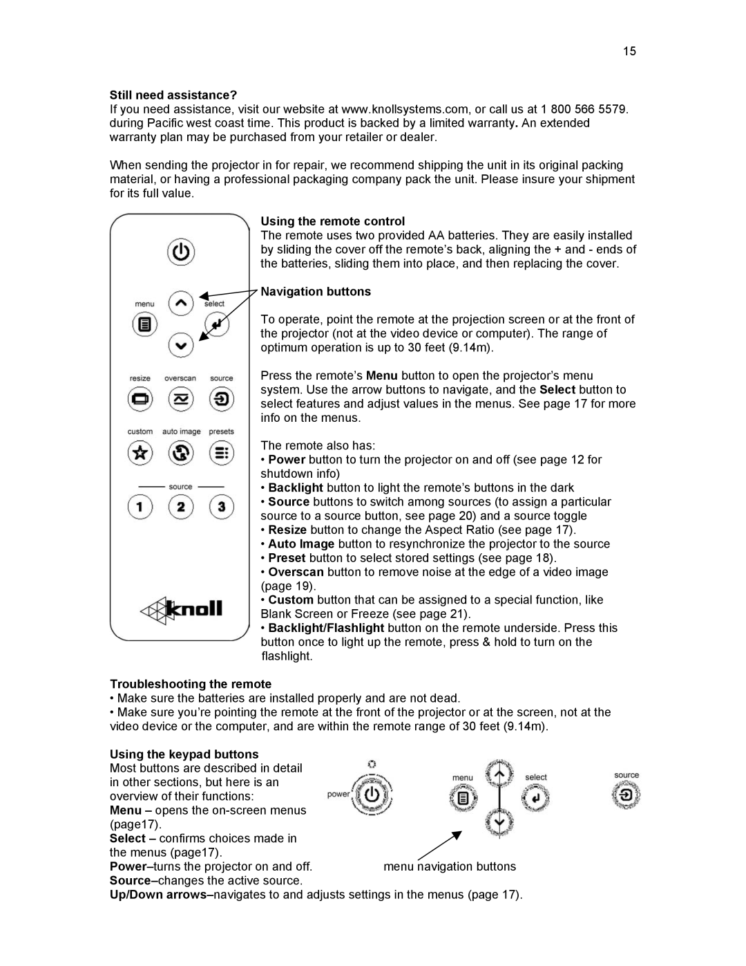 Knoll HD292, HD178, HD290 Still need assistance?, Using the remote control, Navigation buttons, Troubleshooting the remote 