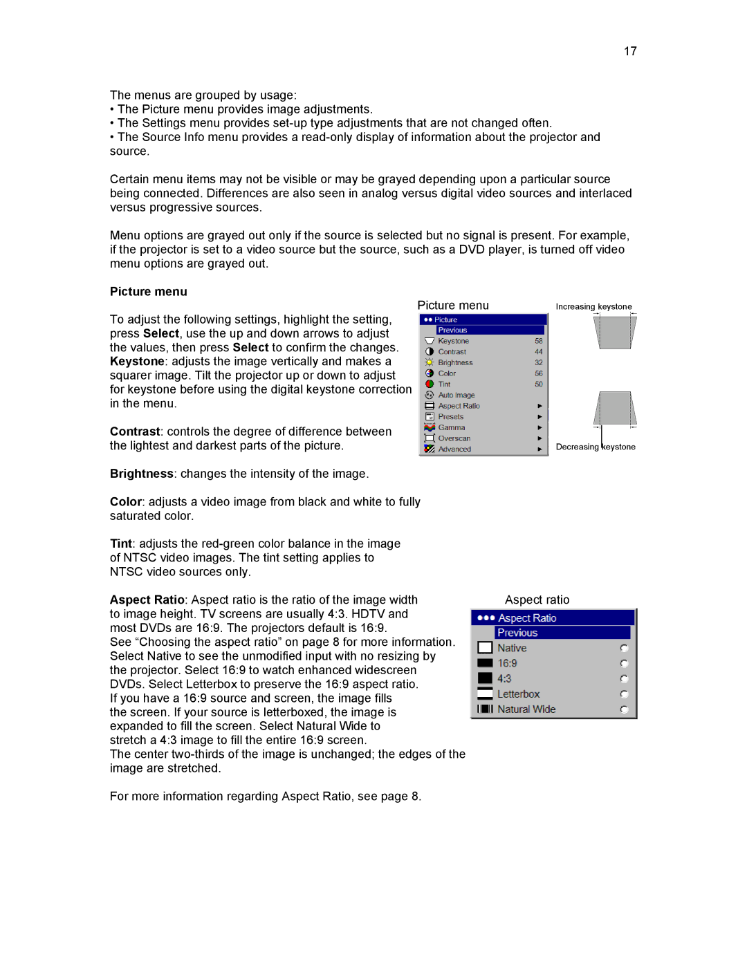 Knoll HD290, HD292, HD178 user manual Picture menu 