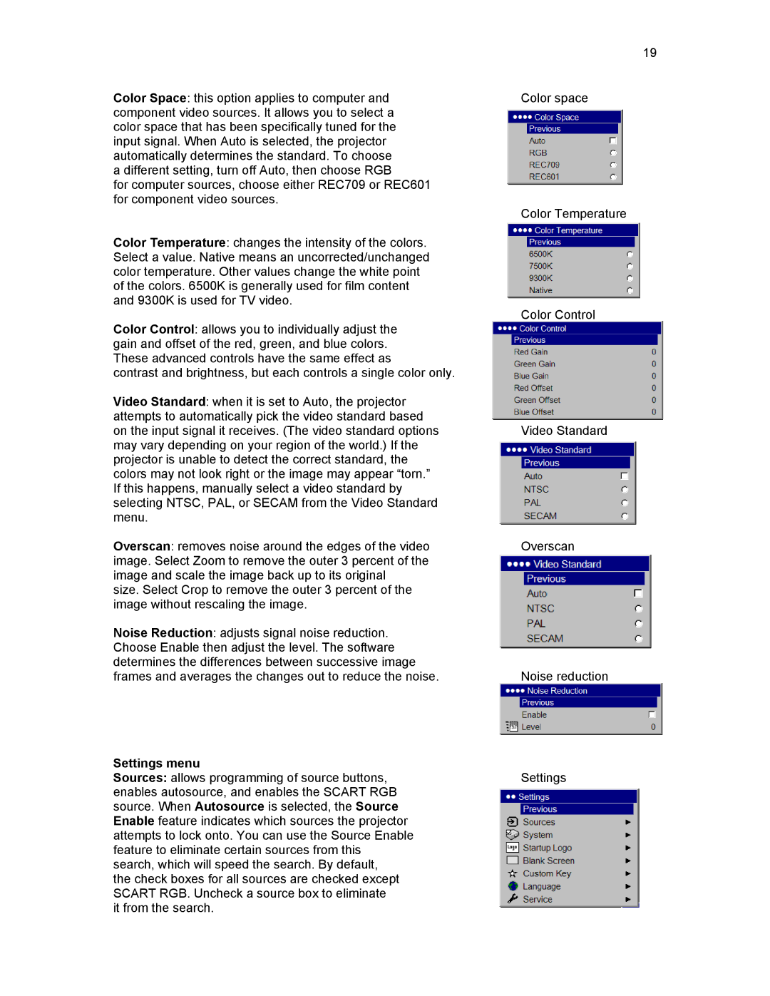 Knoll HD178, HD292, HD290 user manual Settings menu 