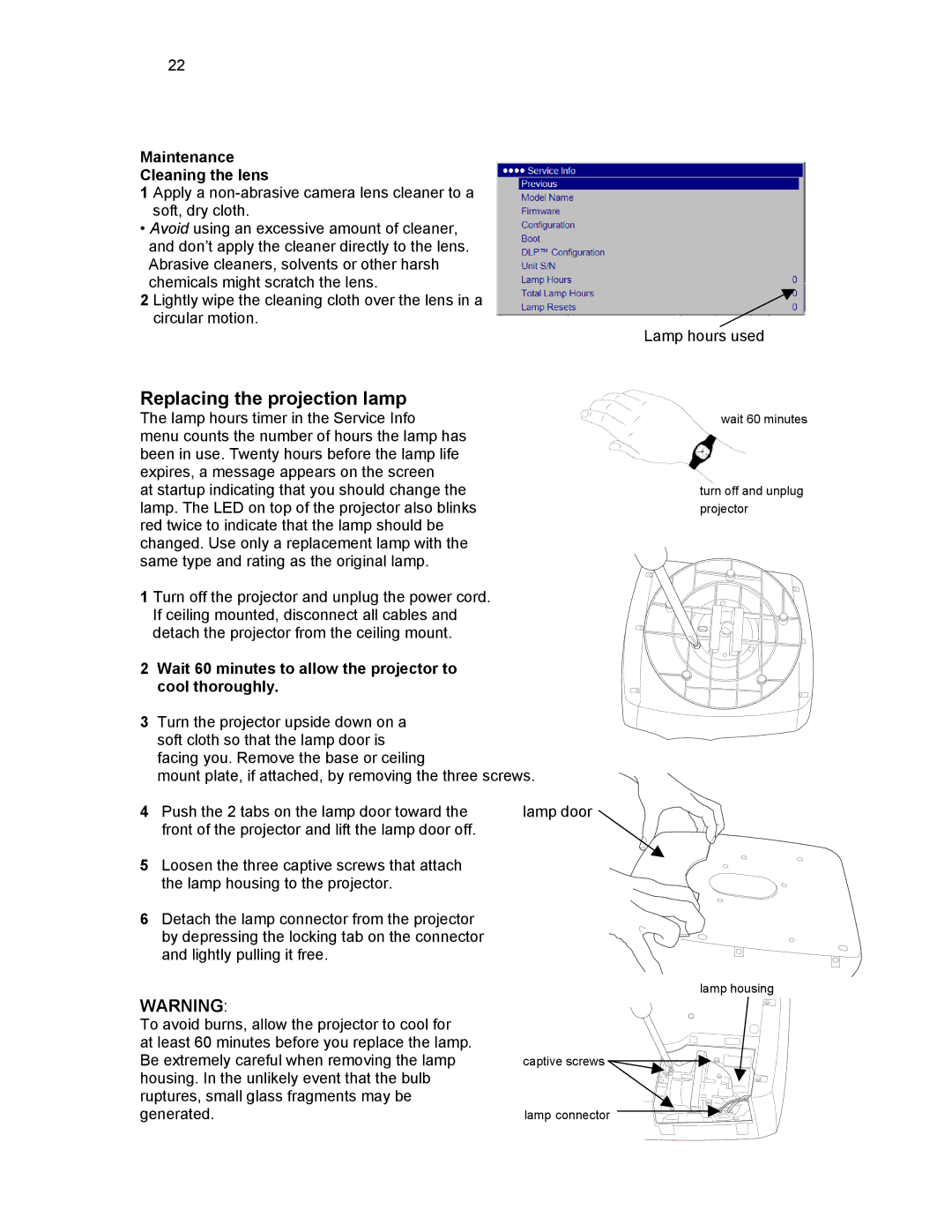 Knoll HD178, HD292, HD290 user manual Replacing the projection lamp, Maintenance Cleaning the lens 