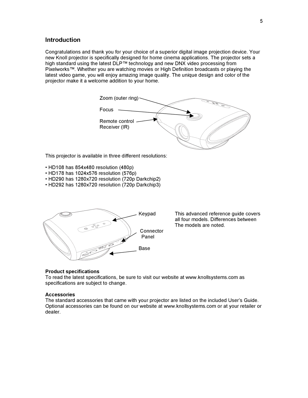 Knoll HD290, HD292, HD178 user manual Introduction, Product specifications Accessories 