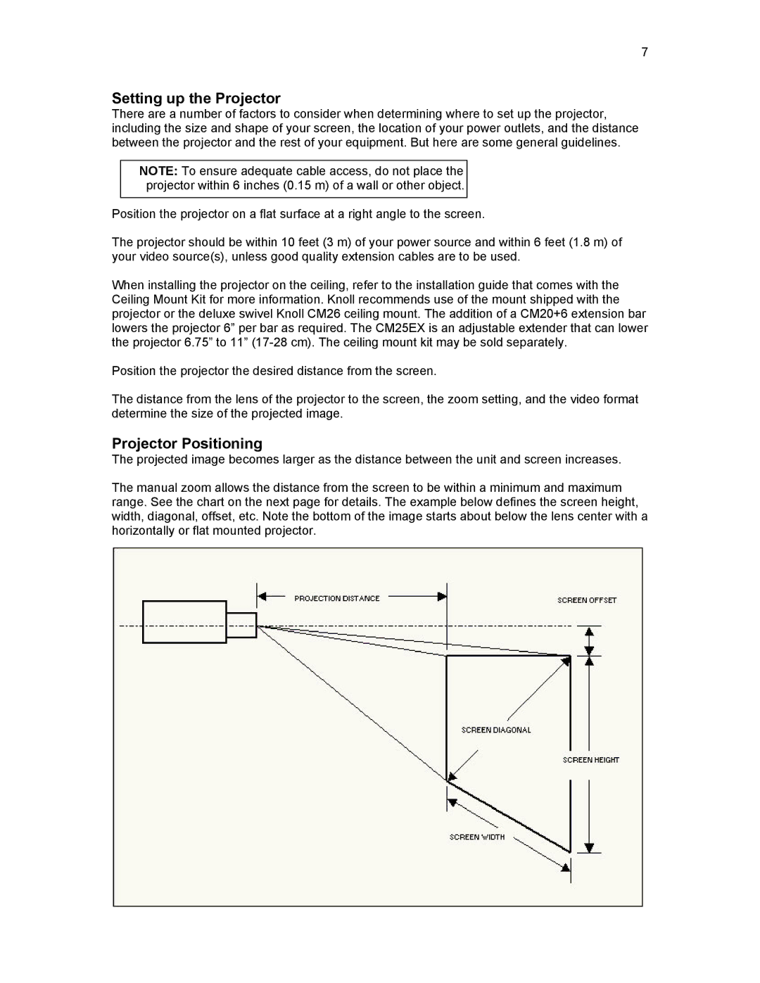 Knoll HD178, HD292, HD290 user manual Setting up the Projector, Projector Positioning 