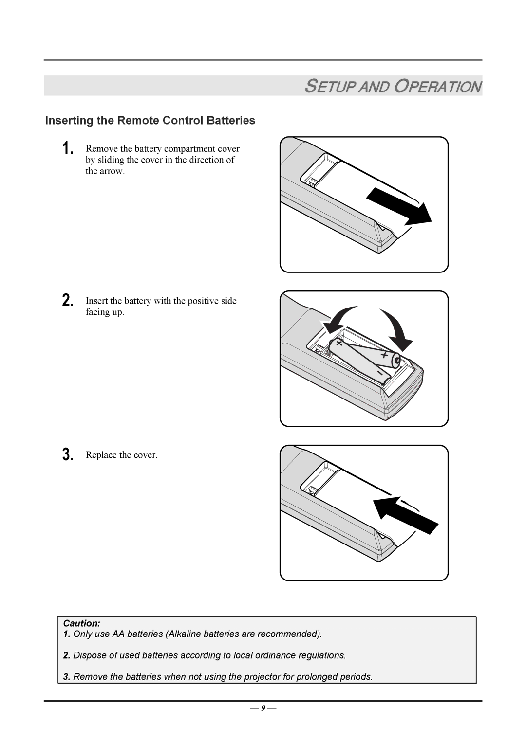 Knoll HDP2100 user manual Setup and Operation, Inserting the Remote Control Batteries 