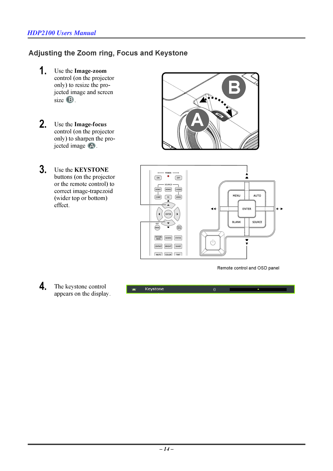 Knoll HDP2100 user manual Adjusting the Zoom ring, Focus and Keystone 