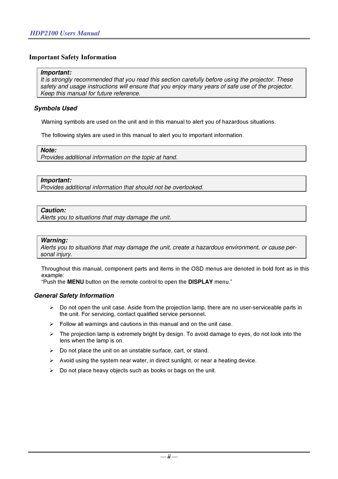 Knoll HDP2100 user manual Important Safety Information 