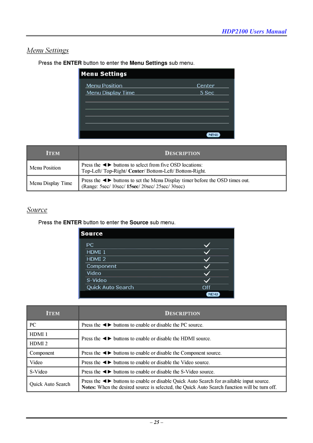 Knoll HDP2100 user manual Menu Settings, Source 