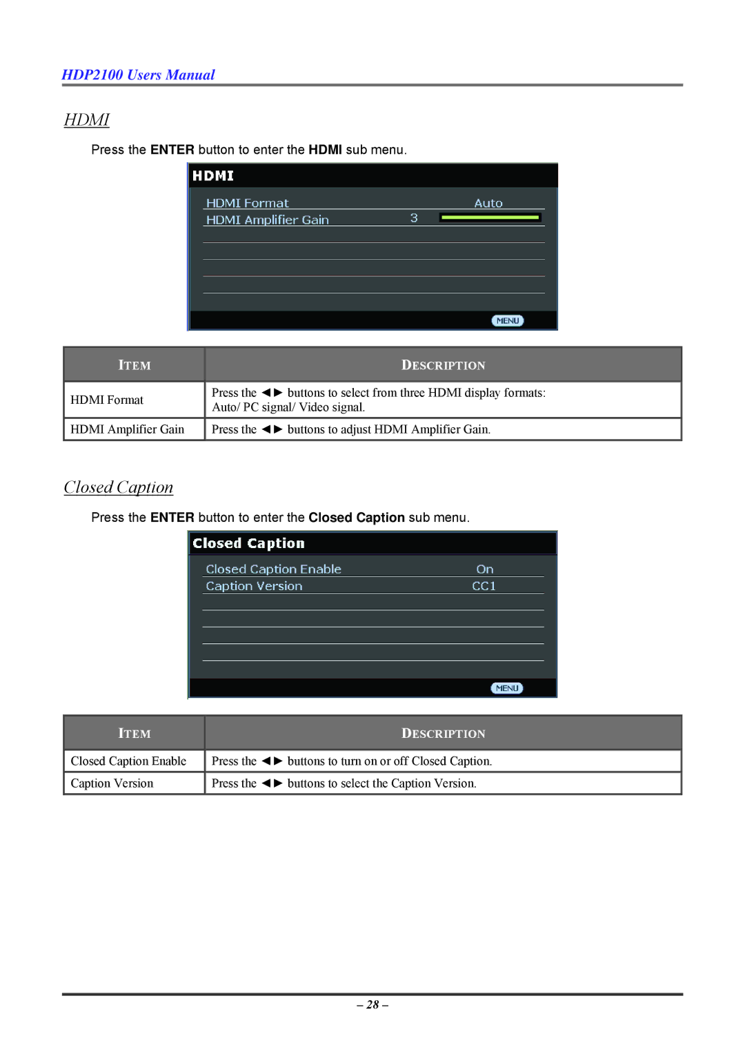 Knoll HDP2100 user manual Hdmi, Closed Caption 