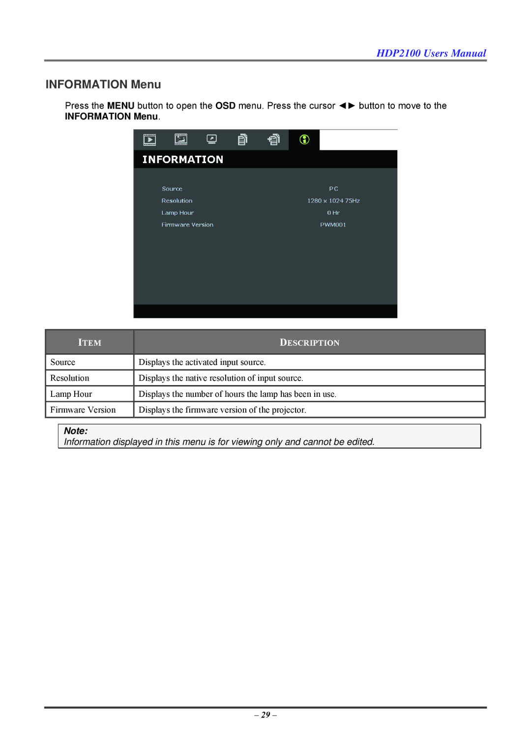 Knoll HDP2100 user manual Information Menu 