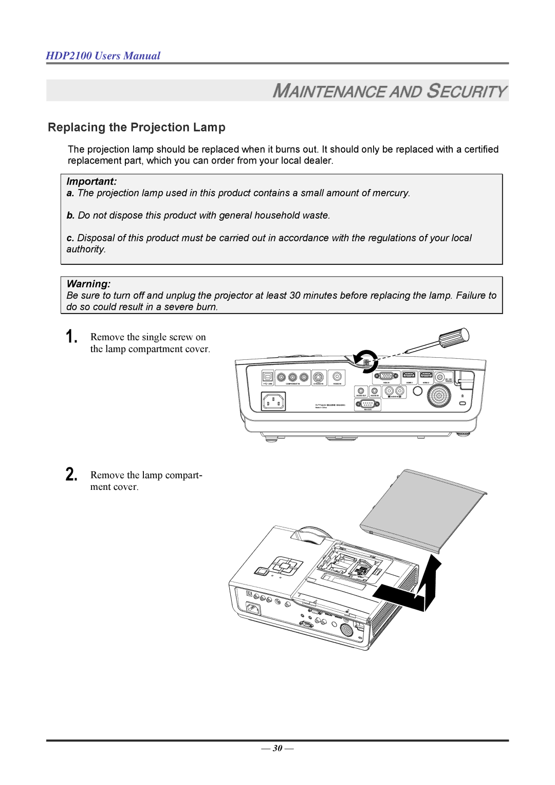 Knoll HDP2100 user manual Maintenance and Security, Replacing the Projection Lamp 