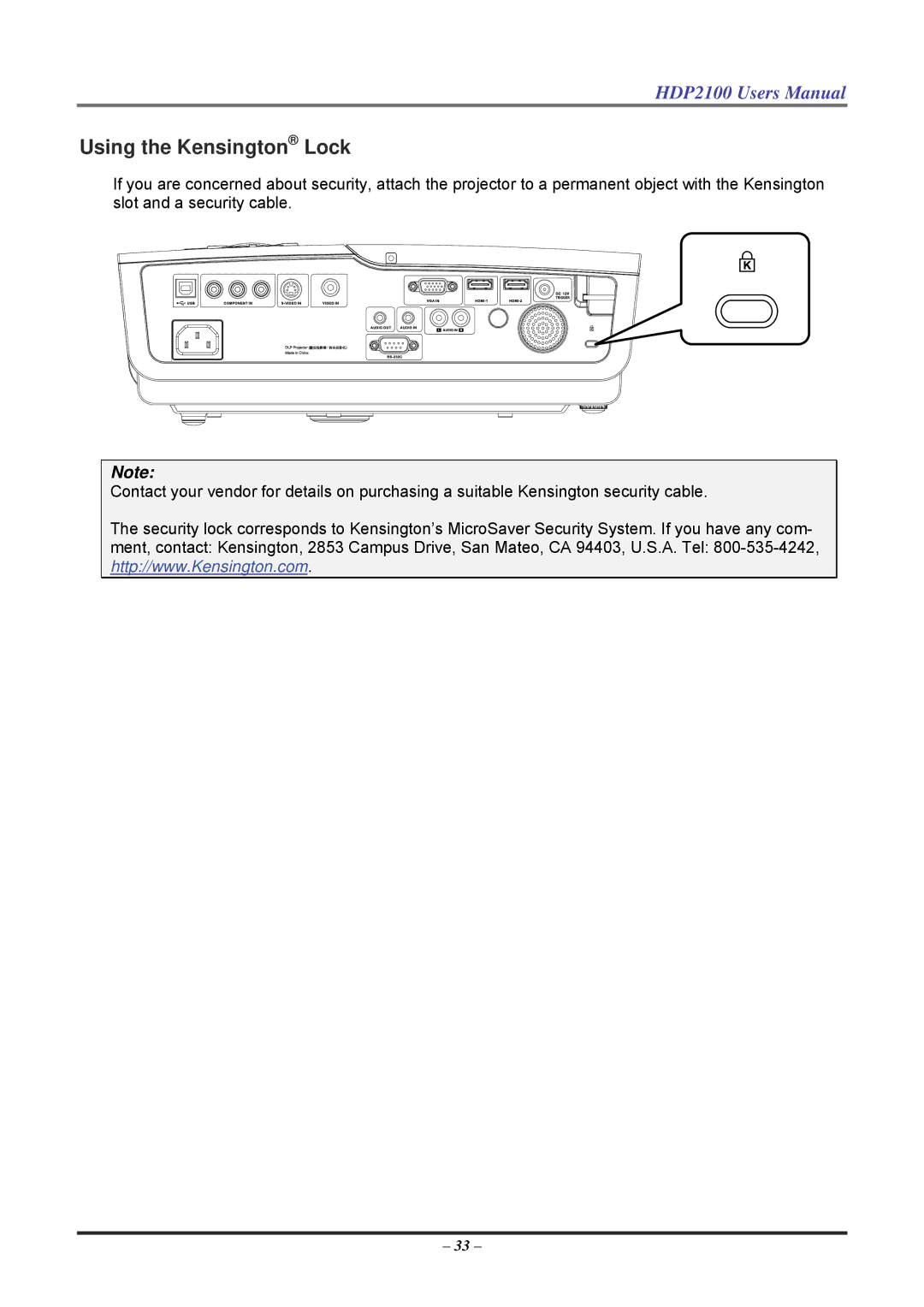 Knoll HDP2100 user manual Using the Kensington Lock 