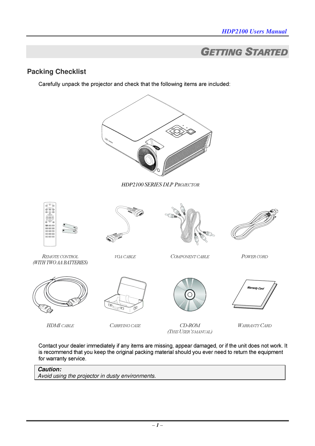 Knoll HDP2100 user manual Getting Started, Packing Checklist 