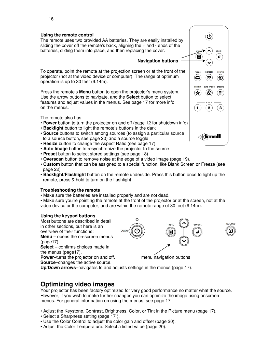 Knoll HDP460, HDP410 Optimizing video images, Using the remote control, Navigation buttons, Troubleshooting the remote 