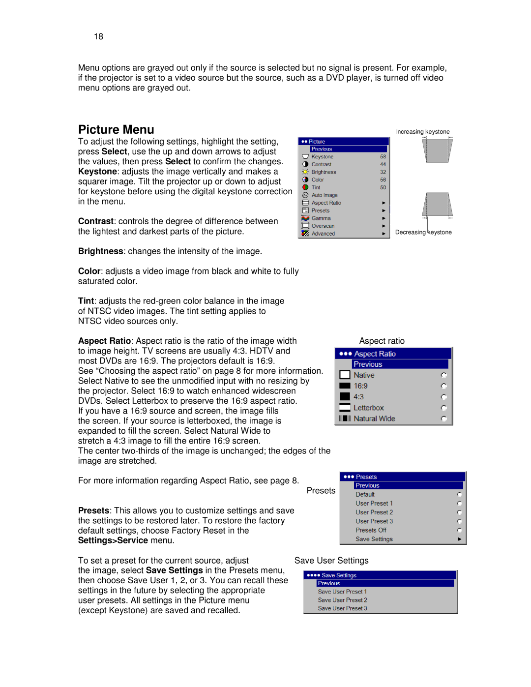 Knoll HDP410, HDP460, HDP420 user manual Picture Menu, SettingsService menu 