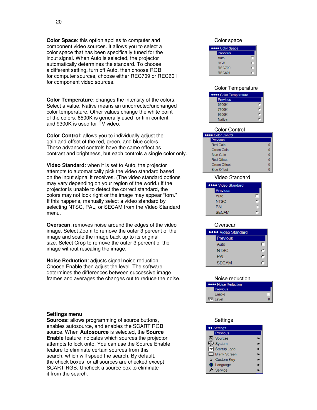 Knoll HDP420, HDP410, HDP460 user manual Settings menu 