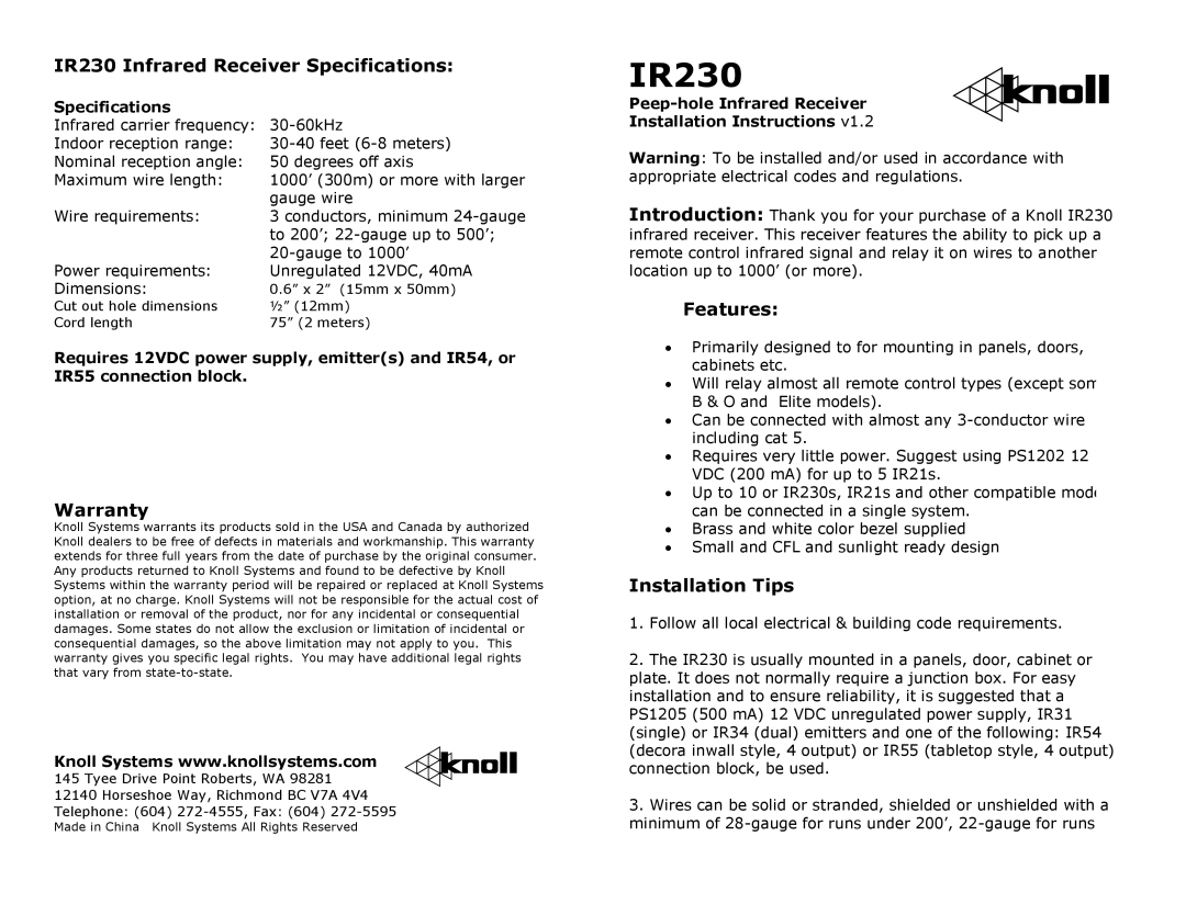 Knoll warranty IR230 Infrared Receiver Specifications, Warranty, Features, Installation Tips 