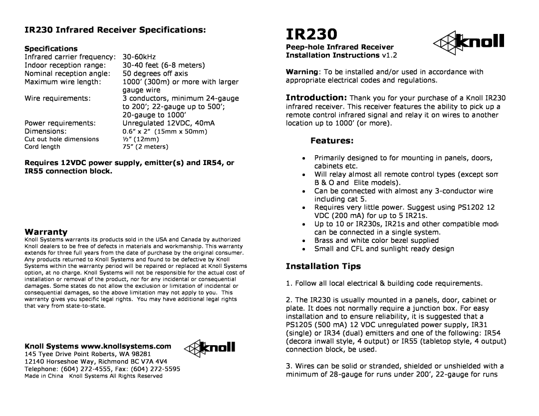 Knoll warranty IR230 Infrared Receiver Specifications, Warranty, Features, Installation Tips, Installation Instructions 