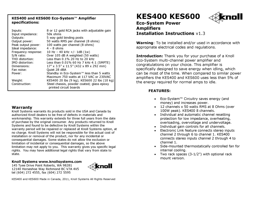 Knoll warranty Warranty, KES400 and KES600 Eco-SystemAmplifier specifications 