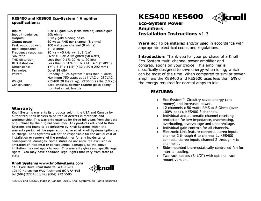 Knoll warranty Warranty, Features, KES400 KES600, Eco-SystemPower Amplifiers, Installation Instructions 