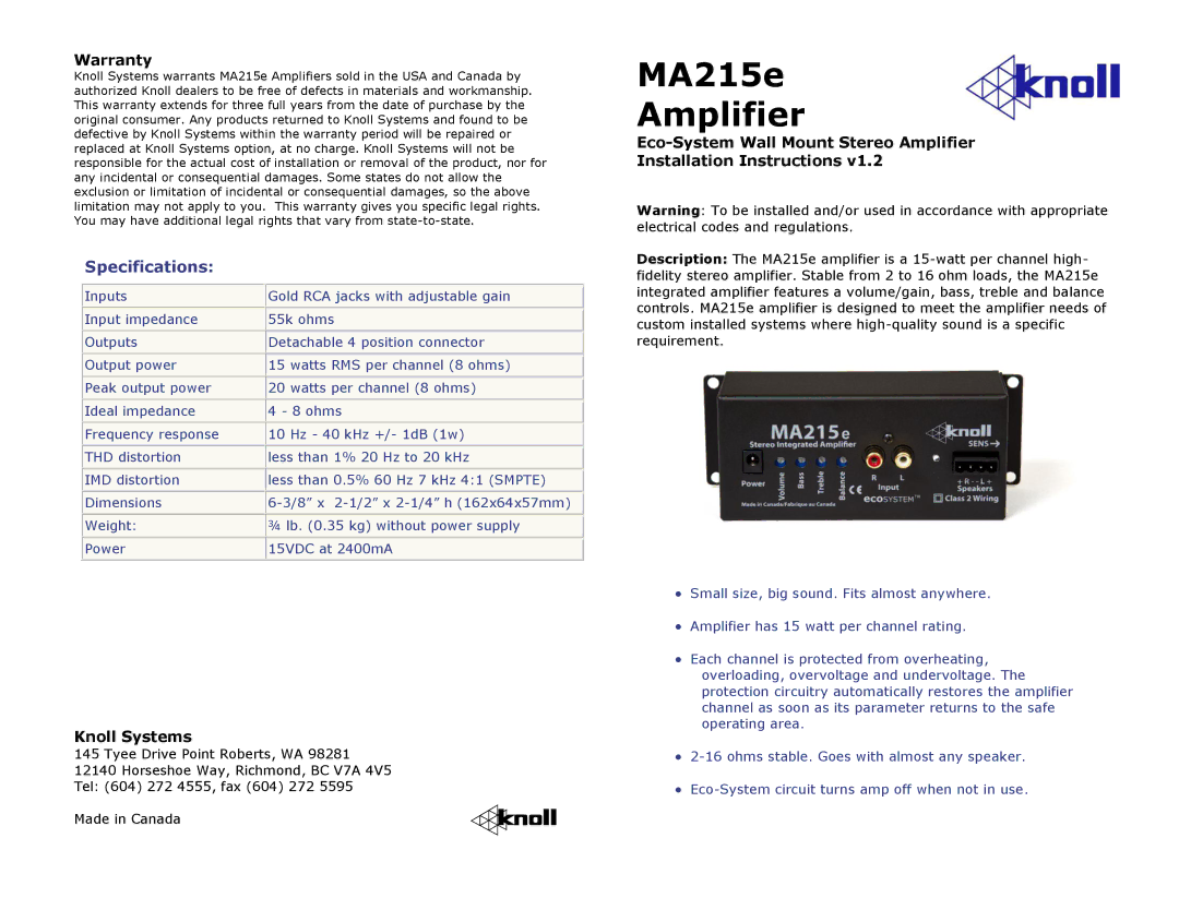 Knoll MA215E warranty MA215e Amplifier, Specifications, Warranty, Knoll Systems 