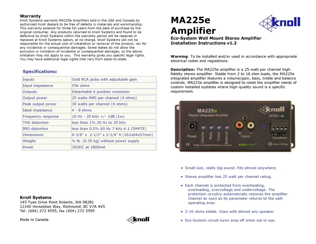 Knoll MA225E warranty MA225e Amplifier, Specifications, Warranty, Knoll Systems 