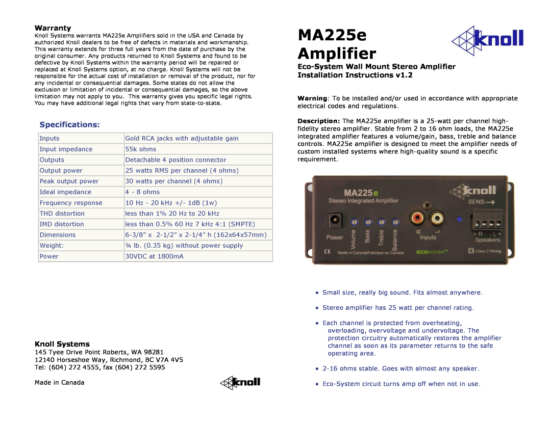 Knoll MA225E warranty Warranty, Knoll Systems, Eco-SystemWall Mount Stereo Amplifier, Installation Instructions 