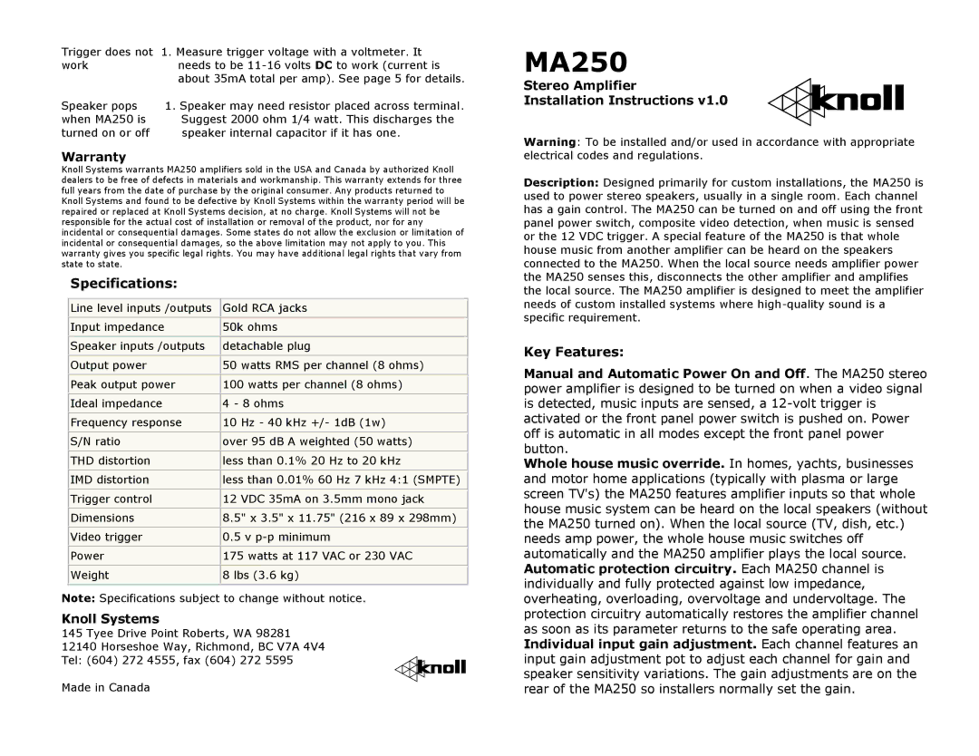 Knoll MA250 specifications Warranty, Knoll Systems, Stereo Amplifier Installation Instructions 