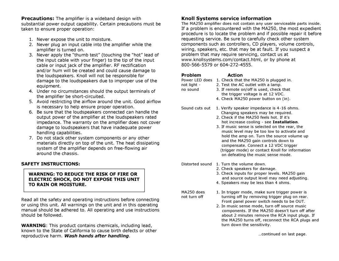 Knoll MA250 specifications Knoll Systems service information, Problem Action 