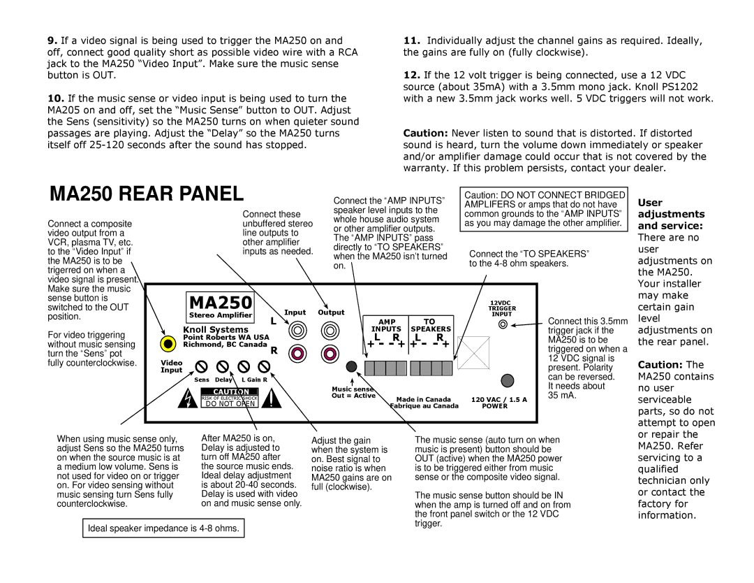 Knoll specifications MA250 Rear Panel 