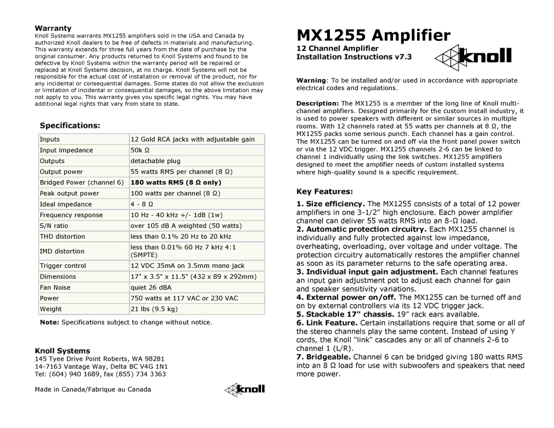 Knoll MX1255 specifications Warranty, Knoll Systems, Channel Amplifier Installation Instructions, Watts RMS 8 Ω only 