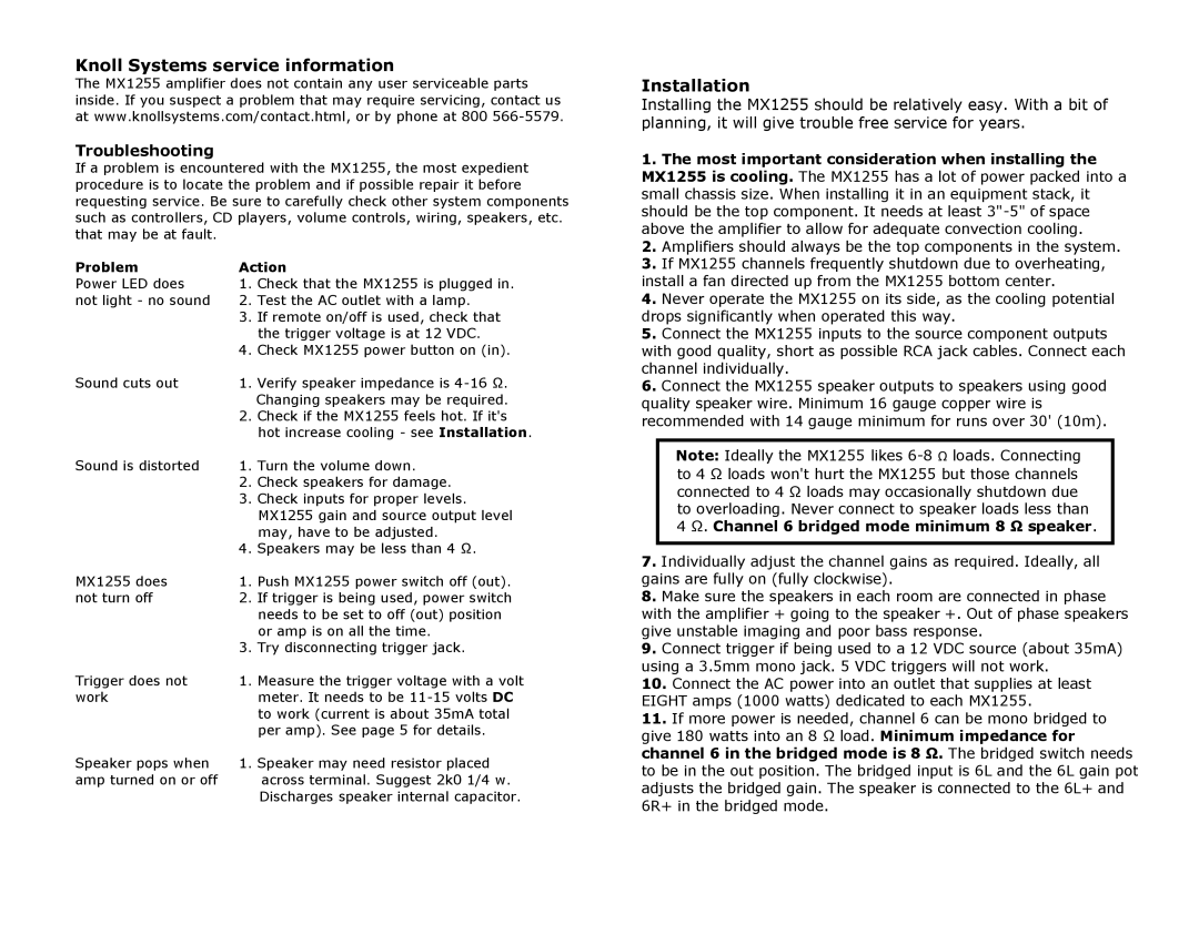 Knoll MX1255 specifications Knoll Systems service information, Installation, Troubleshooting, Problem Action 