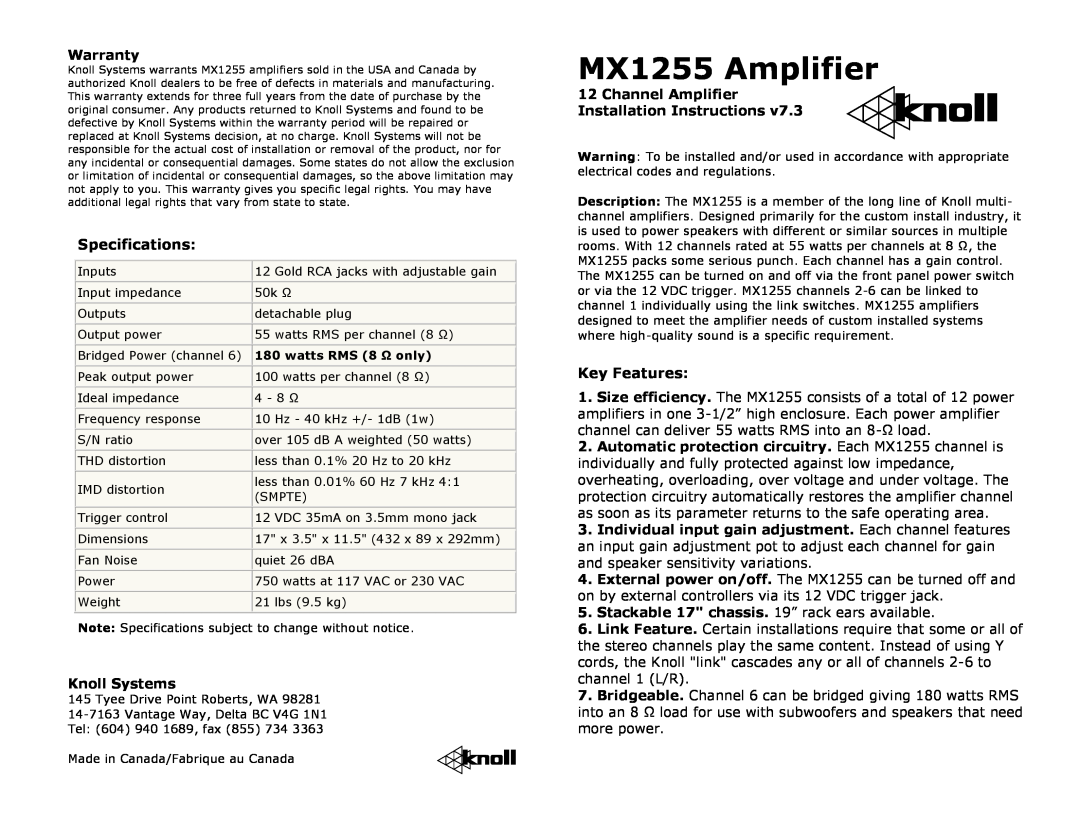 Knoll specifications MX1255 Amplifier, Specifications, Key Features, Warranty, Knoll Systems 