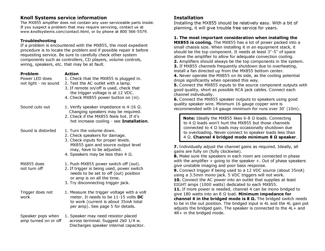 Knoll MX855 specifications Knoll Systems service information, Installation, Troubleshooting, Problem Action 