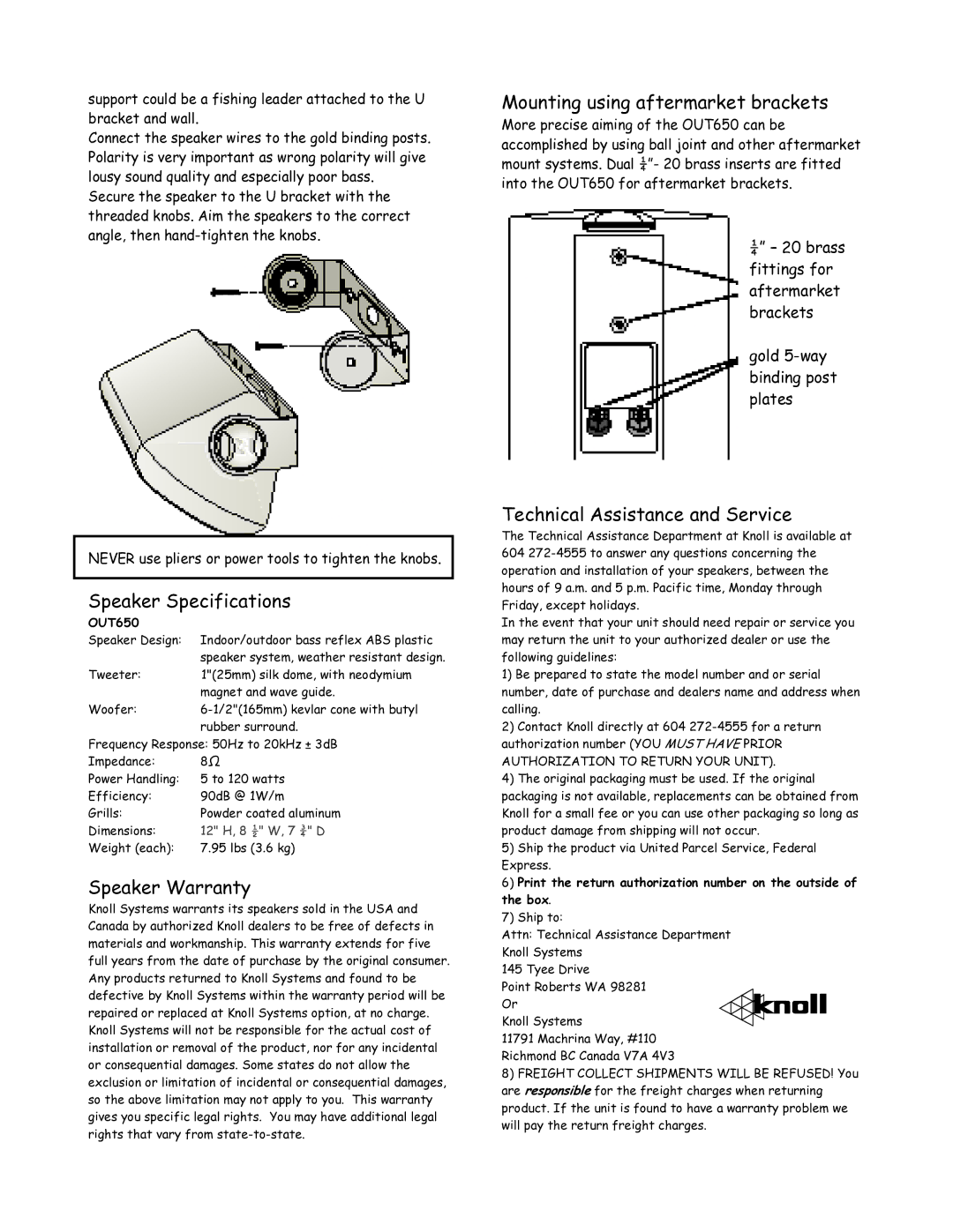 Knoll OUT650 manual Mounting using aftermarket brackets, Speaker Specifications, Speaker Warranty 