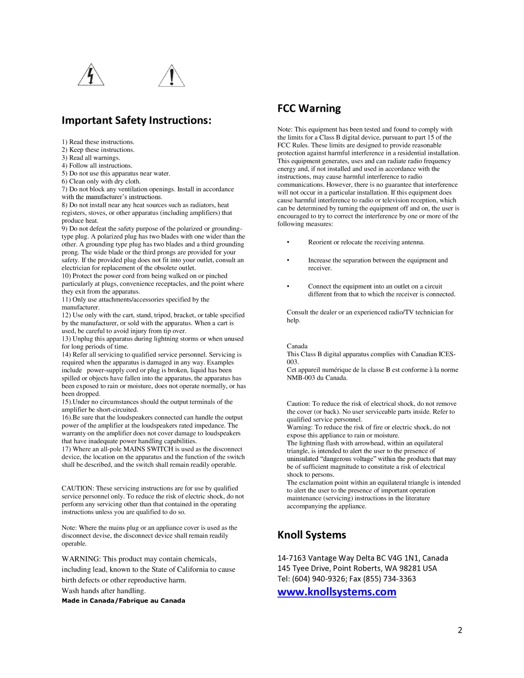 Knoll Q450RS manual Important Safety Instructions, FCC Warning, Knoll Systems 