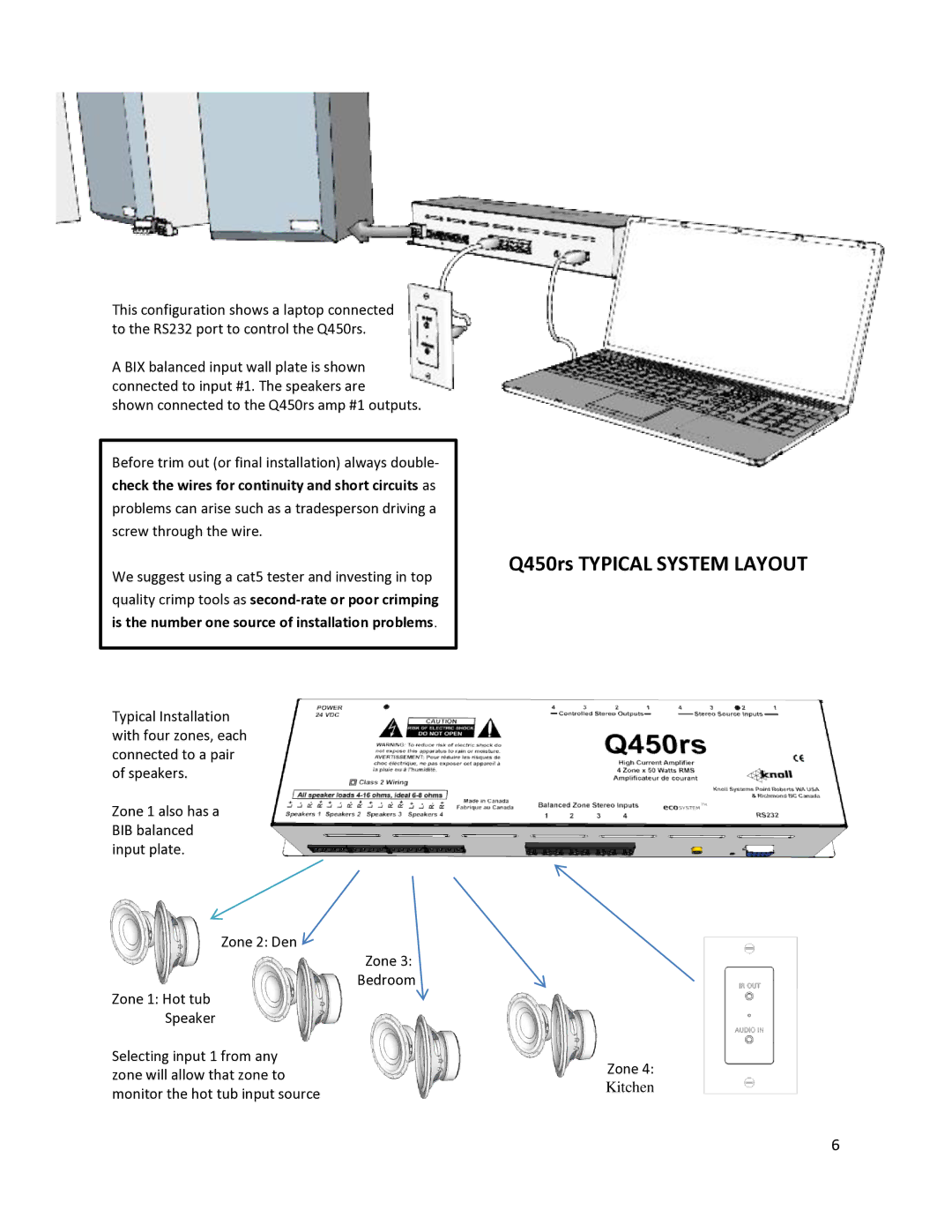 Knoll Q450RS manual Q450rs Typical System Layout, Check the wires for continuity and short circuits as 