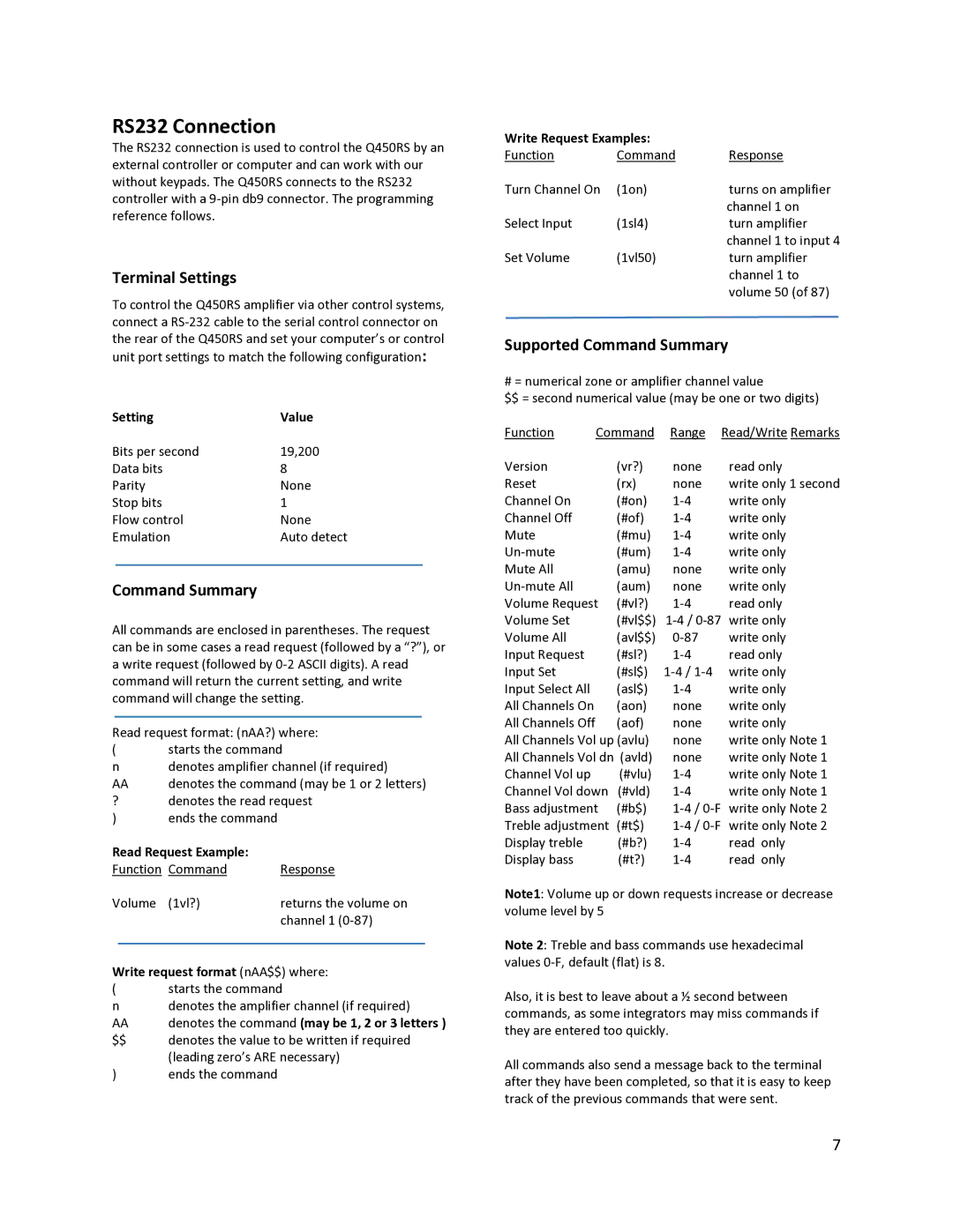 Knoll Q450RS manual RS232 Connection, Terminal Settings, Supported Command Summary 